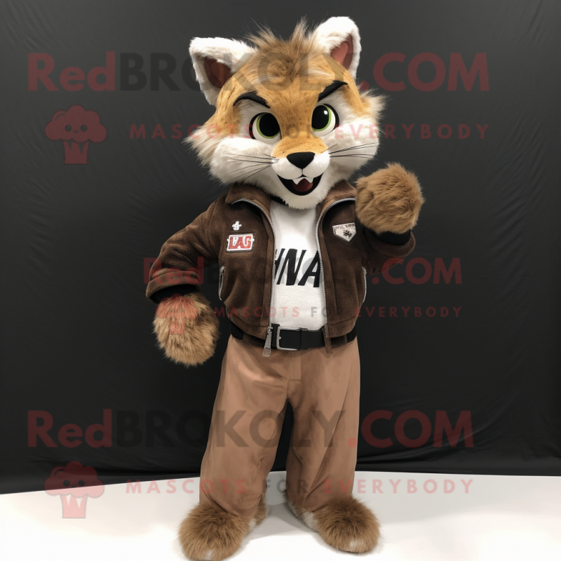 nan Lynx mascot costume character dressed with a Leather Jacket and Clutch bags nan Lynx mascot costume character dressed with a Leather Jacket and Clutch bags