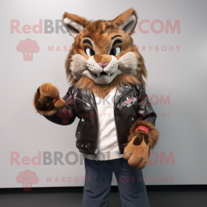 nan Lynx mascot costume character dressed with a Leather Jacket and Clutch bags
