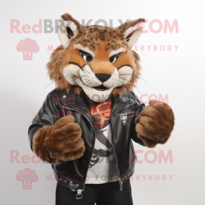 nan Lynx mascot costume character dressed with a Leather Jacket and Clutch bags