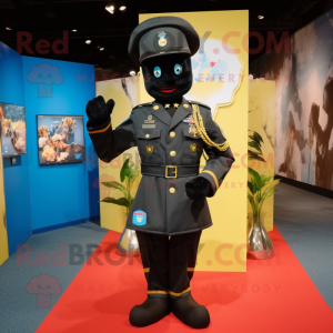 Personaje de traje de mascota de soldado del ejército negro vestido con jeans acampanados y monederos