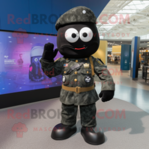 Black Army Soldier mascot costume character dressed with a Flare Jeans and Coin purses