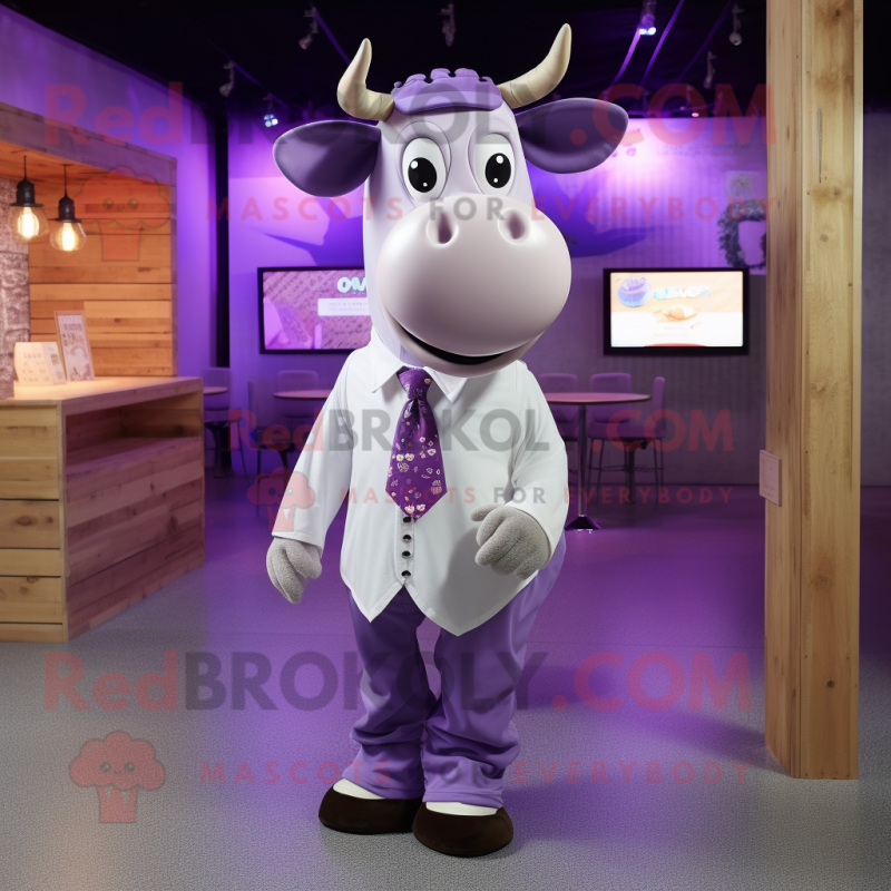 Purple Cow mascot costume character dressed with a Button-Up Shirt and Ties Purple Cow mascot costume character dressed with a Button-Up Shirt and Ties