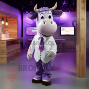 Purple Cow mascot costume character dressed with a Button-Up Shirt and Ties