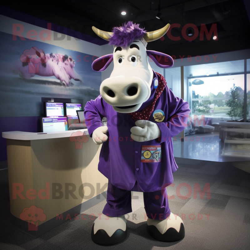 Purple Cow mascot costume character dressed with a Button-Up Shirt and Ties