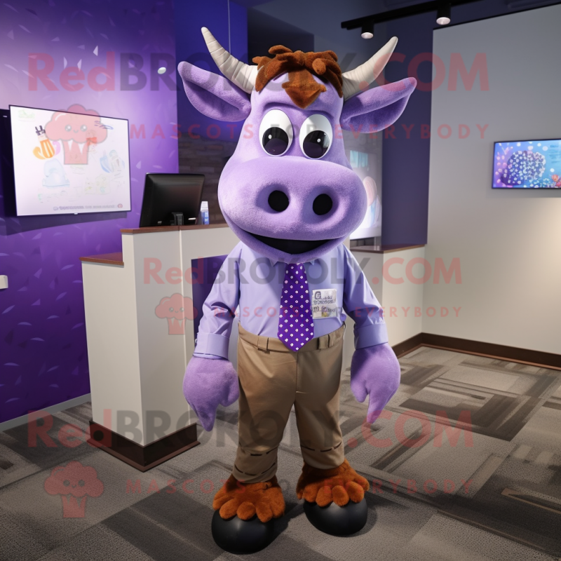 Purple Cow mascot costume character dressed with a Button-Up Shirt and Ties Purple Cow mascot costume character dressed with a Button-Up Shirt and Ties