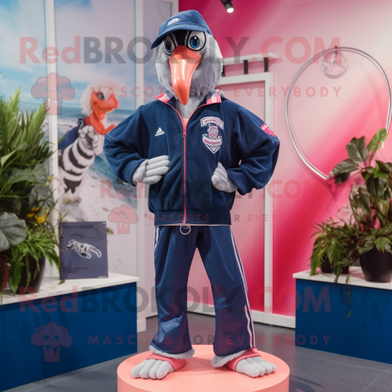 Navy Flamingo mascot costume character dressed with a Windbreaker and Hairpins Navy Flamingo mascot costume character dressed with a Windbreaker and Hairpins