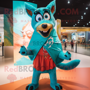Turquoise Dingo mascot costume character dressed with a Bikini and Shawls