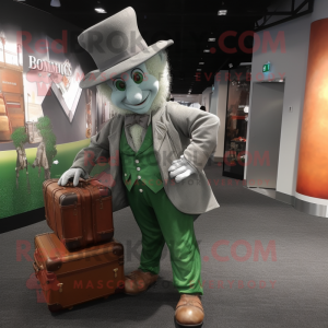 Silver Leprechaun mascot costume character dressed with a Corduroy Pants and Briefcases