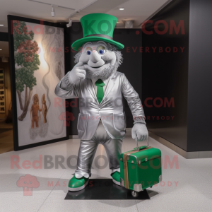 Silver Leprechaun mascot costume character dressed with a Corduroy Pants and Briefcases