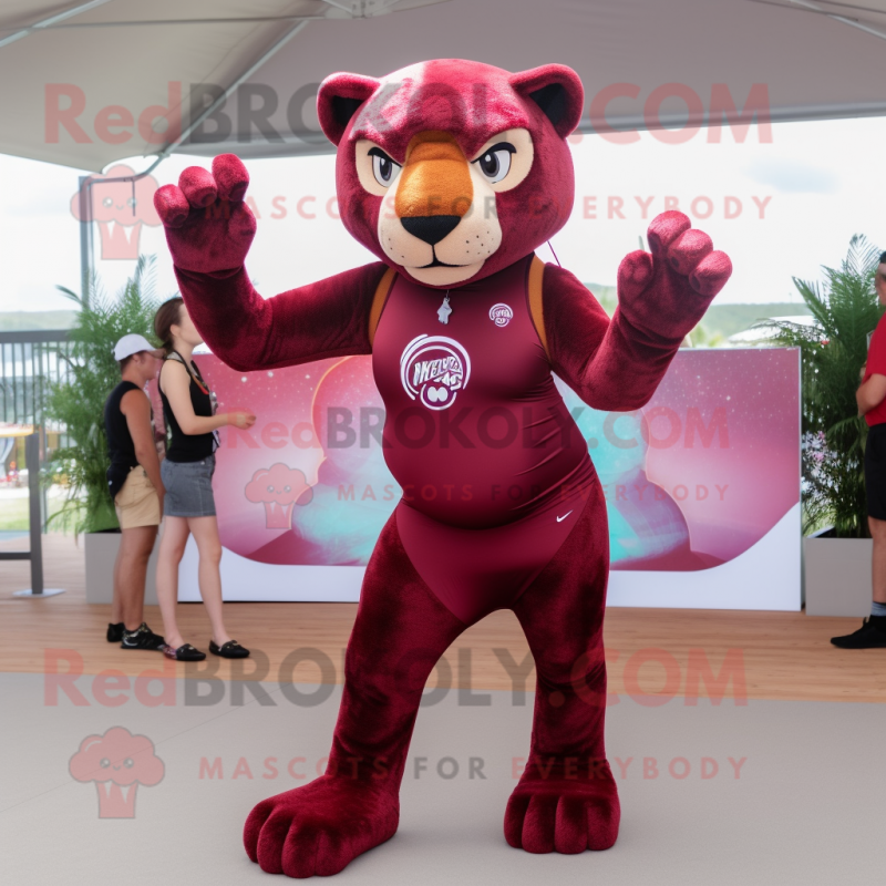 Maroon Panther mascot costume character dressed with a Bikini and Bracelets Maroon Panther mascot costume character dressed with a Bikini and Bracelets
