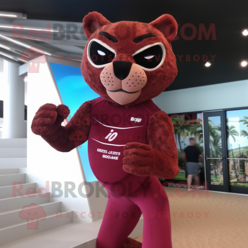 Maroon Panther mascot costume character dressed with a Bikini and Bracelets Maroon Panther mascot costume character dressed with a Bikini and Bracelets