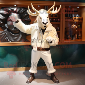 White Irish Elk mascot costume character dressed with a Leather Jacket and Cufflinks