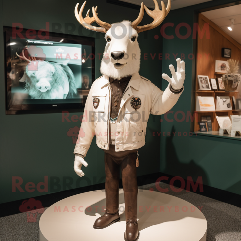 White Irish Elk mascot costume character dressed with a Leather Jacket and Cufflinks