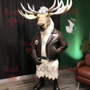 White Irish Elk mascot costume character dressed with a Leather Jacket and Cufflinks