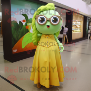 Olive Goldfish mascot costume character dressed with a Maxi Skirt and Eyeglasses