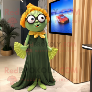 Olive Goldfish mascot costume character dressed with a Maxi Skirt and Eyeglasses