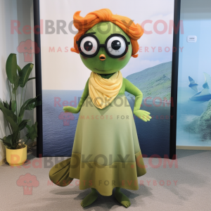 Olive Goldfish mascot costume character dressed with a Maxi Skirt and Eyeglasses