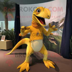 Yellow Dimorphodon mascot costume character dressed with a Corduroy Pants and Rings