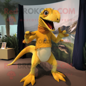 Yellow Dimorphodon mascot costume character dressed with a Corduroy Pants and Rings