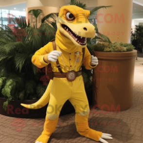 Yellow Dimorphodon mascot costume character dressed with a Corduroy Pants and Rings