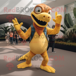 Yellow Dimorphodon mascot costume character dressed with a Corduroy Pants and Rings