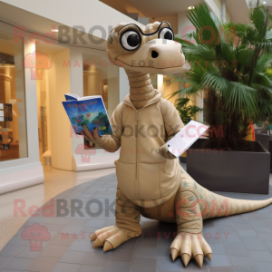 Tan Brachiosaurus mascot costume character dressed with a Windbreaker and Reading glasses