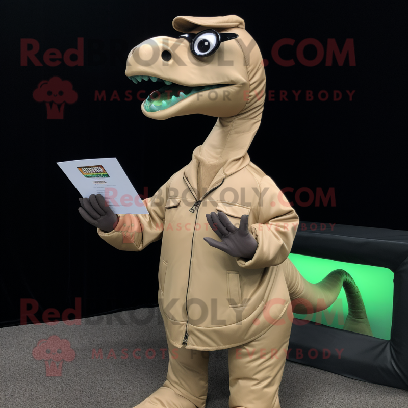 Tan Brachiosaurus mascot costume character dressed with a Windbreaker and Reading glasses