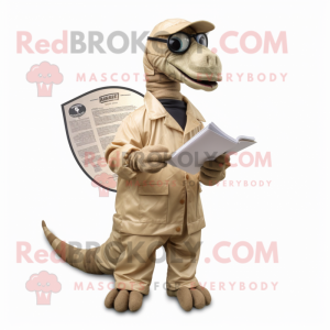 Tan Brachiosaurus mascot costume character dressed with a Windbreaker and Reading glasses