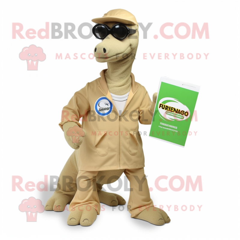 Tan Brachiosaurus mascot costume character dressed with a Windbreaker and Reading glasses Tan Brachiosaurus mascot costume character dressed with a Windbreaker and Reading glasses