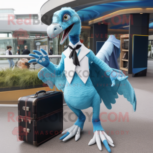 Cyan Velociraptor mascot costume character dressed with a Mini Dress and Briefcases