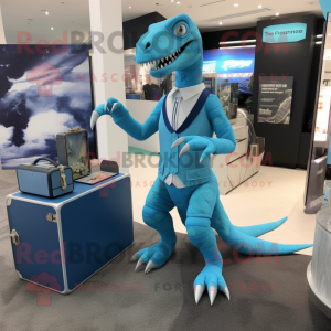 Cyan Velociraptor mascot costume character dressed with a Mini Dress and Briefcases
