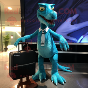 Cyan Velociraptor mascot costume character dressed with a Mini Dress and Briefcases