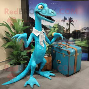 Cyan Velociraptor mascot costume character dressed with a Mini Dress and Briefcases