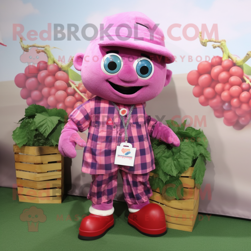 Pink Grape mascot costume character dressed with a Flannel Shirt and Necklaces Pink Grape mascot costume character dressed with a Flannel Shirt and Necklaces
