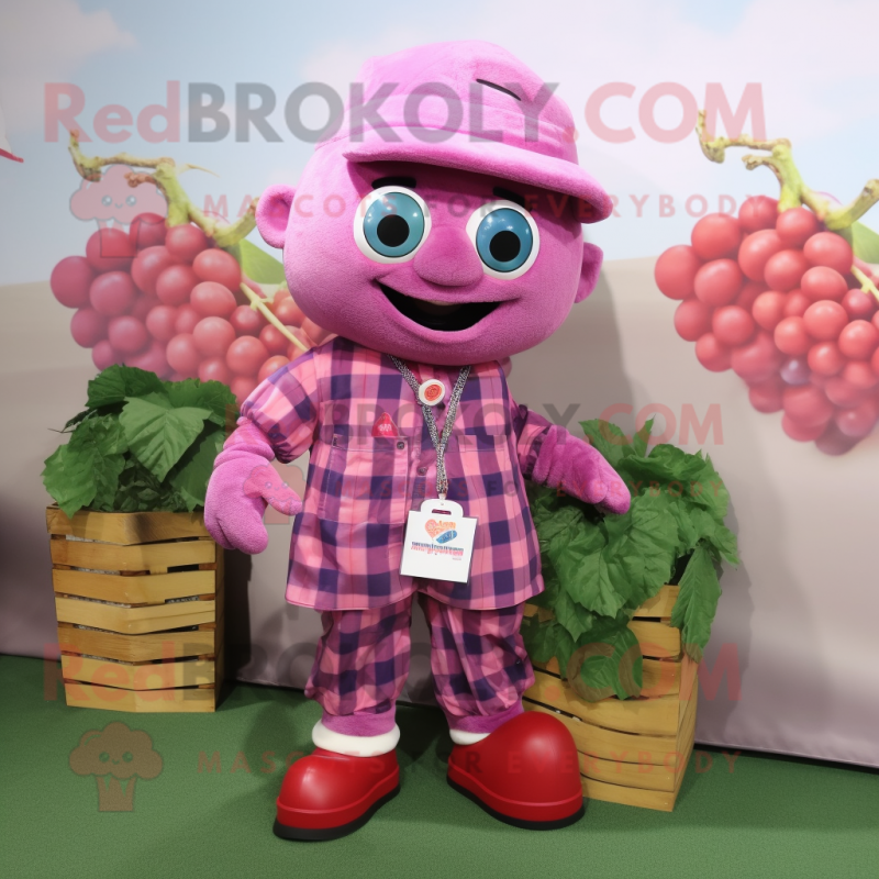 Pink Grape mascot costume character dressed with a Flannel Shirt and Necklaces