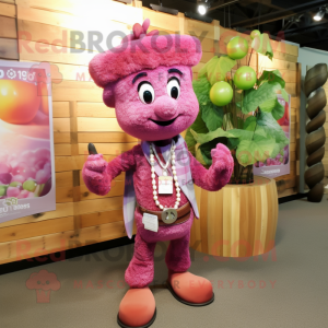 Pink Grape mascot costume character dressed with a Flannel Shirt and Necklaces