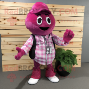 Pink Grape mascot costume character dressed with a Flannel Shirt and Necklaces