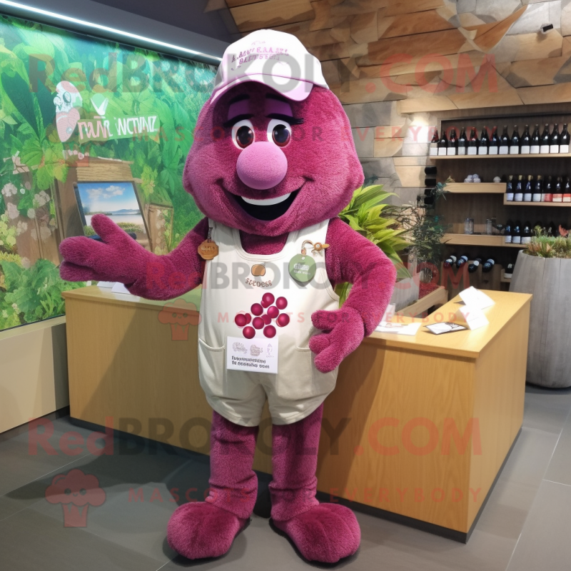 Pink Grape mascot costume character dressed with a Flannel Shirt and Necklaces Pink Grape mascot costume character dressed with a Flannel Shirt and Necklaces