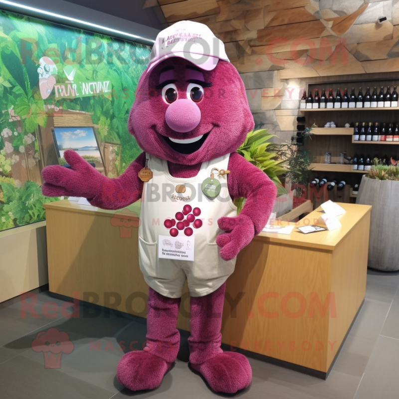 Pink Grape mascot costume character dressed with a Flannel Shirt and Necklaces