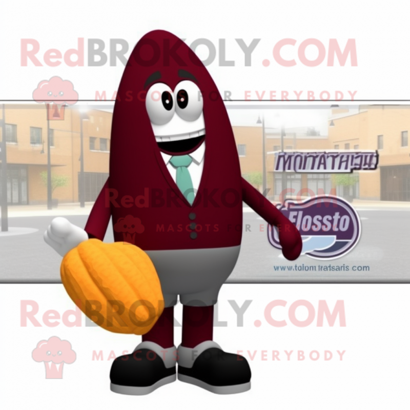 Maroon Squash mascot costume character dressed with a Blazer and Clutch bags