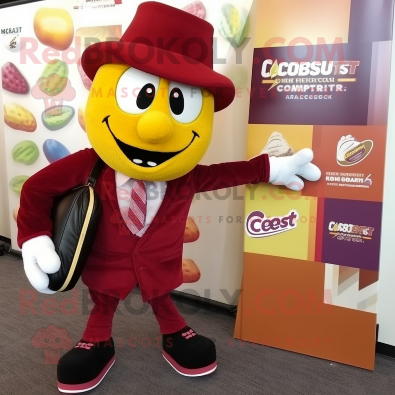 Maroon Squash mascot costume character dressed with a Blazer and Clutch bags