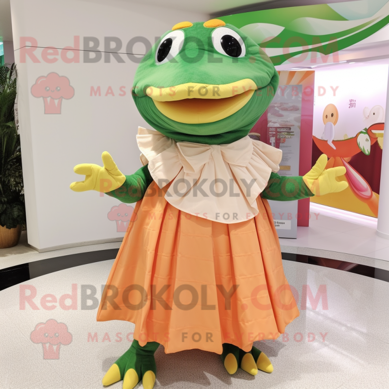 Peach Crocodile mascot costume character dressed with a Maxi Skirt and Shawls