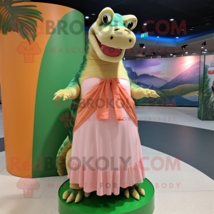 Peach Crocodile mascot costume character dressed with a Maxi Skirt and Shawls