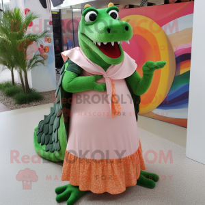Peach Crocodile mascot costume character dressed with a Maxi Skirt and Shawls