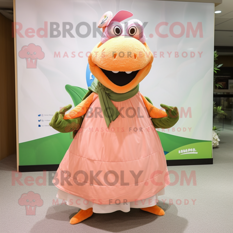 Peach Crocodile mascot costume character dressed with a Maxi Skirt and Shawls