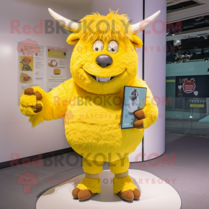 Lemon Yellow Yak mascot costume character dressed with a Culottes and Clutch bags