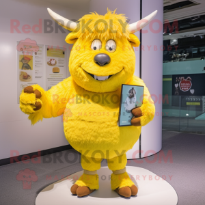 Personaje de disfraz de mascota Lemon Yellow Yak vestido con culottes y bolsos de embrague