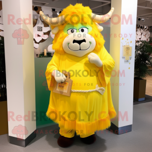 Lemon Yellow Yak mascot costume character dressed with a Culottes and Clutch bags