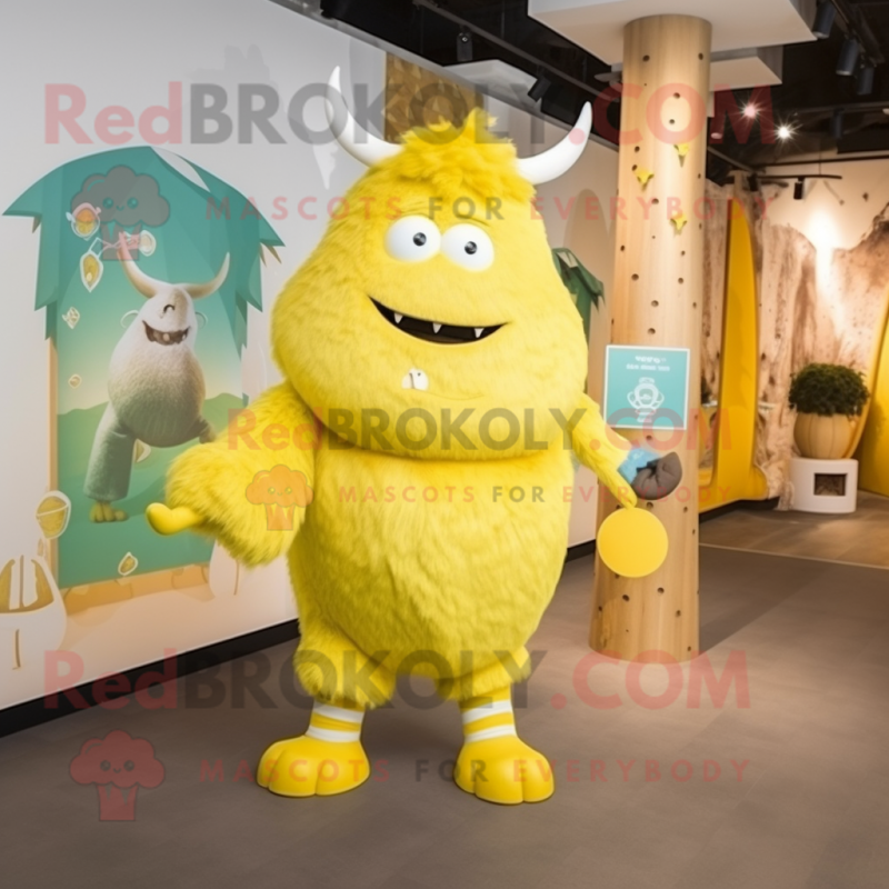 Lemon Yellow Yak mascot costume character dressed with a Culottes and Clutch bags Lemon Yellow Yak mascot costume character dressed with a Culottes and Clutch bags
