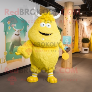 Lemon Yellow Yak mascot costume character dressed with a Culottes and Clutch bags